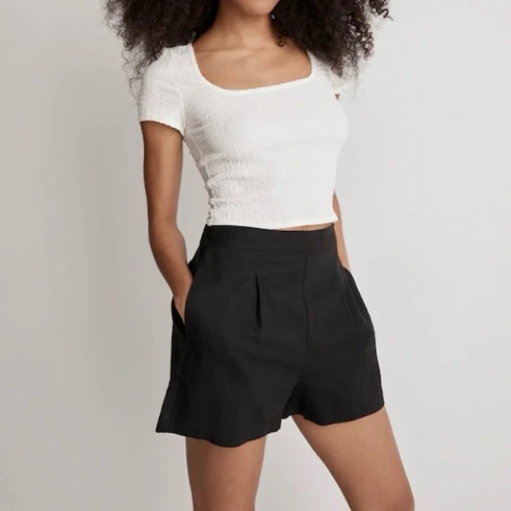 Madewell Clean Pull-On Linen Cotton Shorts Black Coal Elastic Waist Coastal S